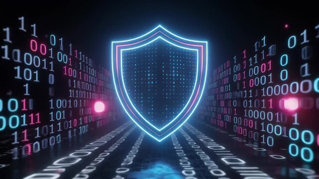 Glowing neon shield symbol protecting digital binary code data stream flowing on dark futuristic icon background with abstract light particles
