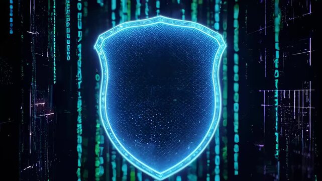 Glowing blue shield emblem against a digital matrix icon background with falling binary code streams representing cybersecurity and data protection concepts