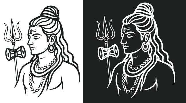 Hindu god shiva line art illustration in black and white