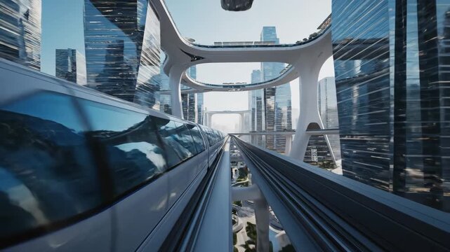 futuristic high-speed train moving on elevated monorail track through modern metropolis. sci-fi urban landscape with glass skyscrapers. future transportation and smart city technology concept.