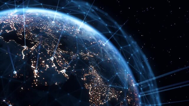 Global Connection Lines. Earth Network Data Transfer. Futuristic AI Technology, 5G, Globe Satellite Communication, Internet Connectivity, Big Data, Digital World Background Animation. Crypto Exchange