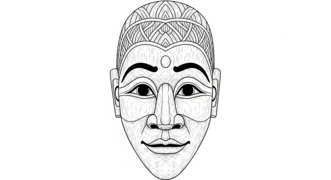 Detailed Line Art of a Traditional Asian Mask.