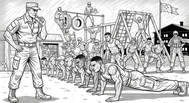 Military Drill Sergeant Overseeing Push-Ups During Obstacle Course Training.