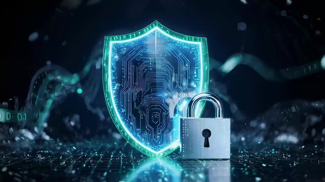 Digital shield and padlock symbolizing cybersecurity and data protection with circuit board patterns and binary code elements icon