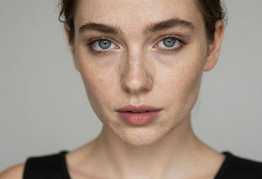 Gros plan sur une &eacute;l&eacute;gante Fran&ccedil;aise v&ecirc;tue d'une robe noire,les yeux bleus,les taches de rousseur et les l&egrave;vres pulpeuses r&eacute;v&eacute;lant une beaut&eacute; naturelle et sophistiqu&eacute;e,symbole de l'&eacute;l&eacute;gance parisienne
