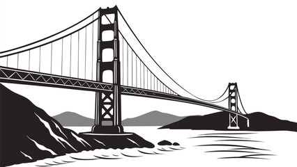 Fototapeta premium Iconic golden gate bridge with hills and water in a stylized black and white illustration