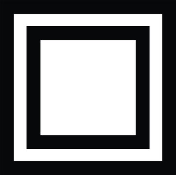 Black geometric square frame silhouette, concentric border box design, minimalist abstract graphic element, modern symmetrical logo template, isolated decorative shape.