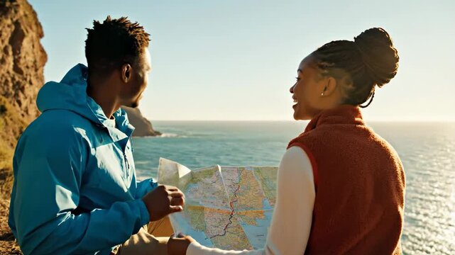african american couple looking at map on cliff during hike. man and woman planning route near ocean. travel and adventure concept. summer vacation.