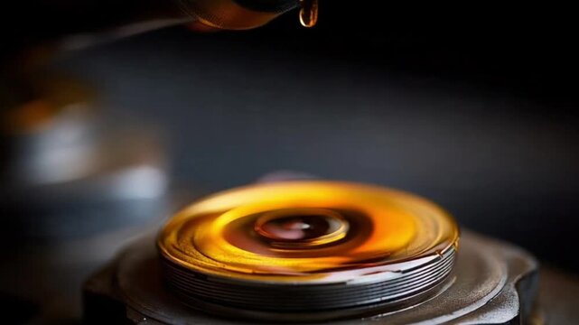 Close-Up of Golden Engine Oil Pouring from Metal Component, Automotive Maintenance and Vehicle Repair Service Concept, Lubrication Flow Highlighting Car Engine Care, Performance and Mechanical