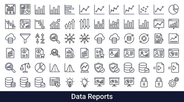 Collection of business and finance icons representing data analysis and reports