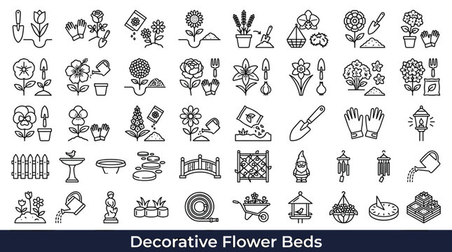 Collection of garden icons for planting flowers, tools, and decorative elements