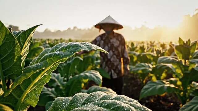 Farmer Inspecting Dewy Tobacco Plants in a Serene Agricultural Field at Dawn Footage