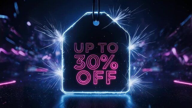 Neon sale tag up to thirty percent off with sparkling fireworks and bokeh lights discount offer