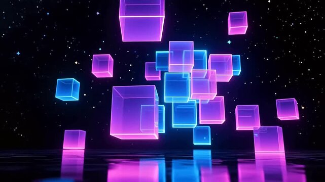 Glowing neon cubes floating in starry digital space
