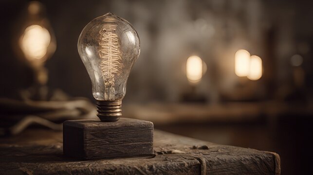 Edison LED filament bulb technology innovation.  Decorative table lamp designed to resemble a vintage Edison bulb on a rustic wooden base. 