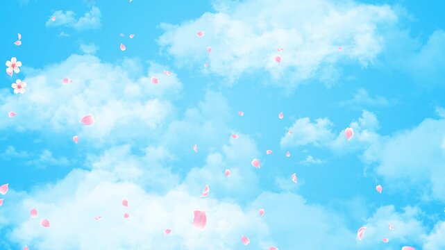 spring blossoms and petals on blue sky with clouds animation,nature weather spring and summer day time social media motion background