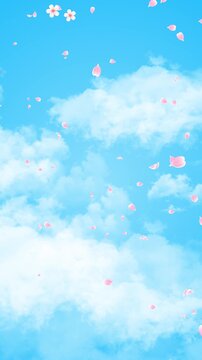 spring blossoms and petals on blue sky with clouds animation,nature weather spring and summer day time vertical social media motion background