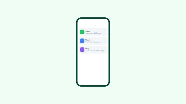 Health and Fitness Tracker App Notifications for Daily Steps Water Intake and Sleep