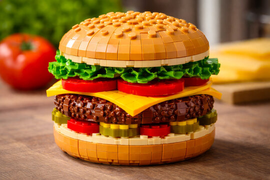 Detailreiche Nahaufnahme eines realistisch gestalteten Burgers aus bunten Klemmbausteinen auf Holzuntergrund. Das kreative Food-Design zeigt Salat, Tomaten, K&auml;se und Patty in lebendigen Farben und eig