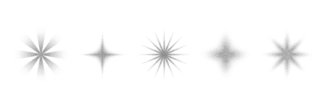 Star and sparkle figures with dotwork stipple effect.Halftone star shapes with grainy noise texture and soft shading.Monochrome stipple grain star set for prints,branding,packaging and patterns.