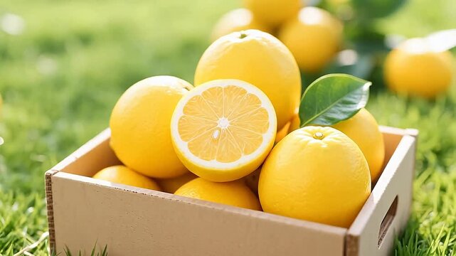 Yellow lemons in a brown box on green grass