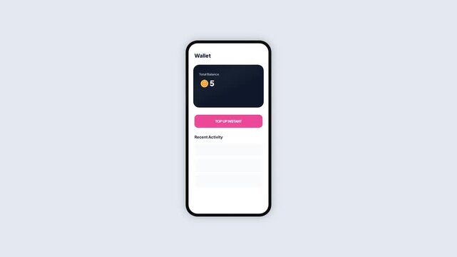 Smartphone interface animation showing instant wallet top up and balance increase