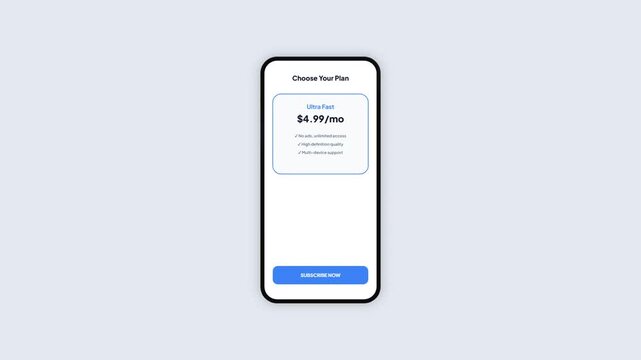 Clean Blue Mobile App Subscription Interface and Successful Transaction Animation