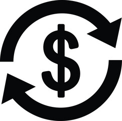 Obraz premium Black money exchange vector illustration, dollar currency rotation icon, financial transaction cycle silhouette, refund and cashback symbol isolated on white background, investment return graphic.
