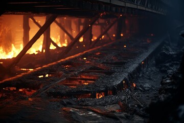 Fototapeta premium Underground fire consuming industrial infrastructure with flames and rising embers creating a destructive atmosphere