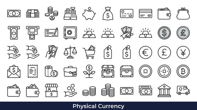 Collection of financial and currency icons representing various aspects of money and wealth