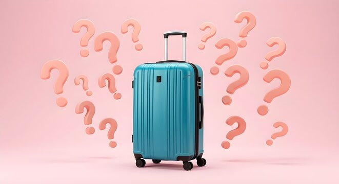 Maleta turquesa con signos de interrogaci&oacute;n sobre fondo rosa