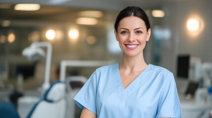Fototapeta premium Dental assistant stands in clinic during work hours smiling at the camera in a clean and well-lit environment