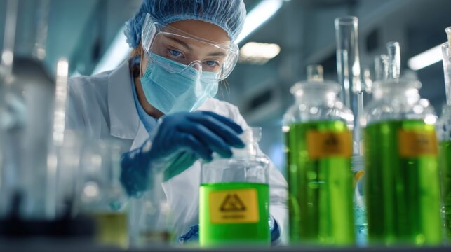 Scientist works in laboratory with green liquids and glassware during daytime