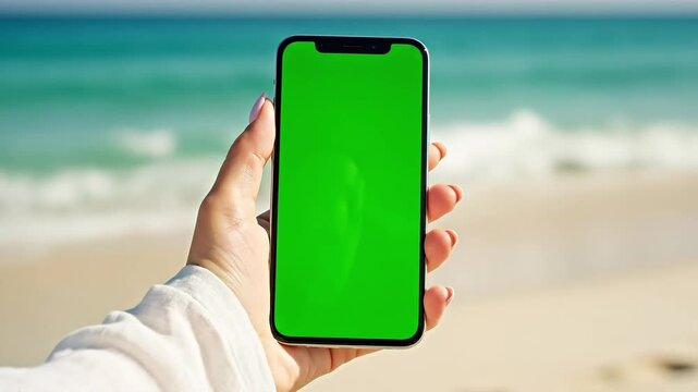 Iphone Mockup, Hand holding a green-screen smartphone on a sunny beach, white shirt, sand and blue-green ocean waves, captured from a low angle
