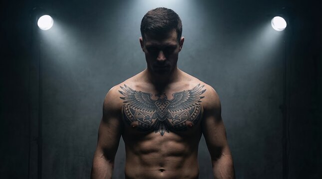 A muscular man with tattoos on his torso standing under spotlight.