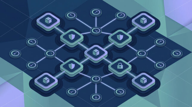 Blockchain technology network concept, geometric structured composition with a grid of connected square blocks forming a clear