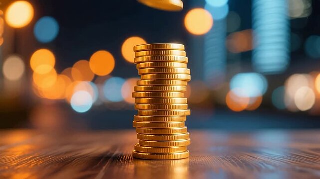 Stack of golden coins on wooden table