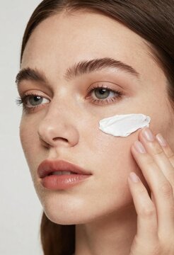 Un gros plan d'une &eacute;l&eacute;gante Fran&ccedil;aise appliquant de la cr&egrave;me sur son visage, avec des yeux bleus, des taches de rousseur et des l&egrave;vres pulpeuses, r&eacute;v&egrave;le une beaut&eacute; naturelle et sophistiqu&eacute;e