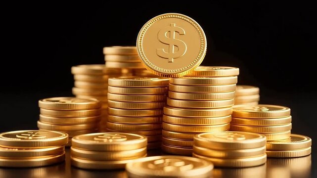 Golden coins stacked in pyramid with dollar symbol