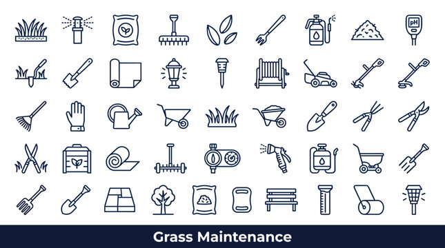 Collection of line art icons for lawn care and garden maintenance tasks