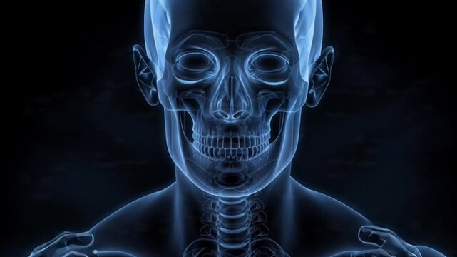 3D Medical Illustration of Human Skull with Glowing Red Eyes and Temples, Depicting Severe Headache or Migraine Pain, Intense Cranial Pressure Visualized in Detailed Anatomical Rendering