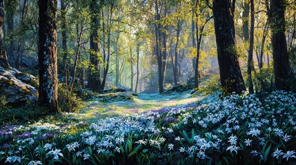 Sweeping Panoramic Scene of Springtime Flowers and Delicate Scilla Blossoms Illuminated by Magical Morning Light in an April Forest