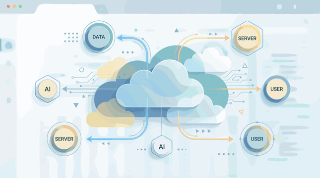 Cloud computing diagram showing data flow between AI, servers, and users