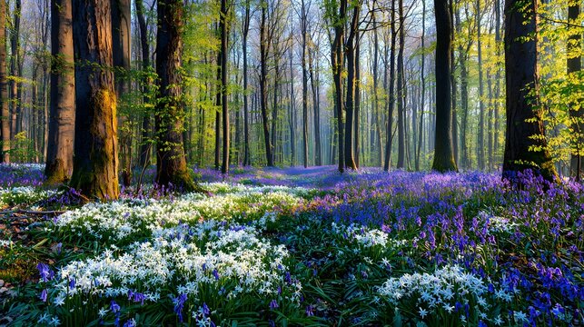 Breathtaking Panoramic View of Vibrant Spring Flowers and Radiant Scilla Blossoms in a Flourishing April Forest