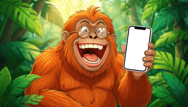 Funny Cartoon Orangutan Wearing Glasses Holding Smartphone with Blank White Screen in Jungle Forest Background