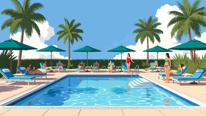 People swimming and sunbathing at pool