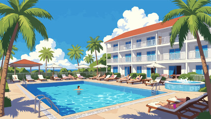 Obraz premium Cartoon poolside summer vacation scene