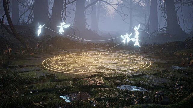 Enchanted scene with shimmering stones and delicate fairy dances