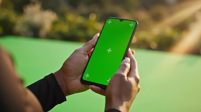 Iphone Mockup, Hands Holding a Black Smartphone with Green Screen in Blurred Outdoor Setting, Sunlit Background Showcase Advertising Promotion