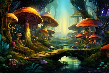 Fototapeta premium Magical landscape showing giant toadstools and a winding stream under a light beam